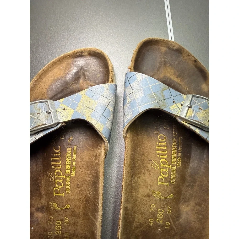 Papillio Birkenstock Madrid Sandals Blue Yellow Plaid Argyle Buckle Slide 40 L9
